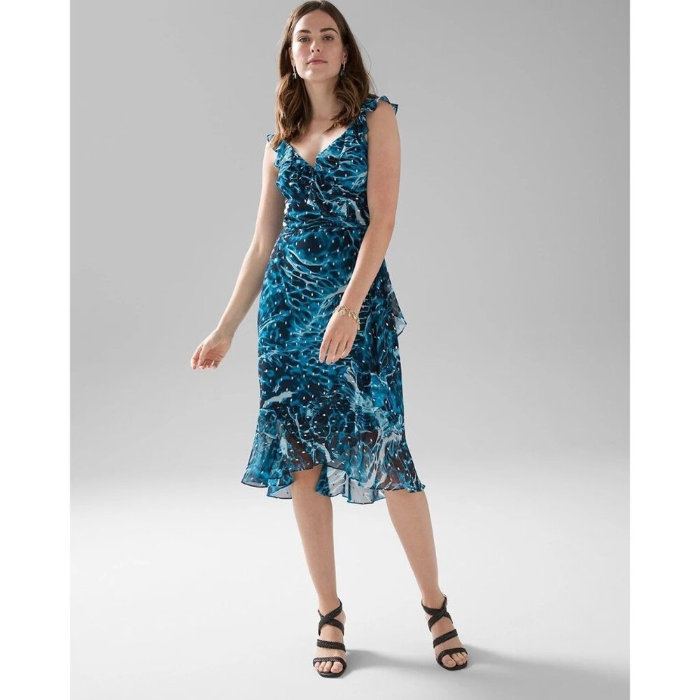 White House Black Market Faux Wrap Ruffle Dress Sleeveless Blue Size 4 RR10256